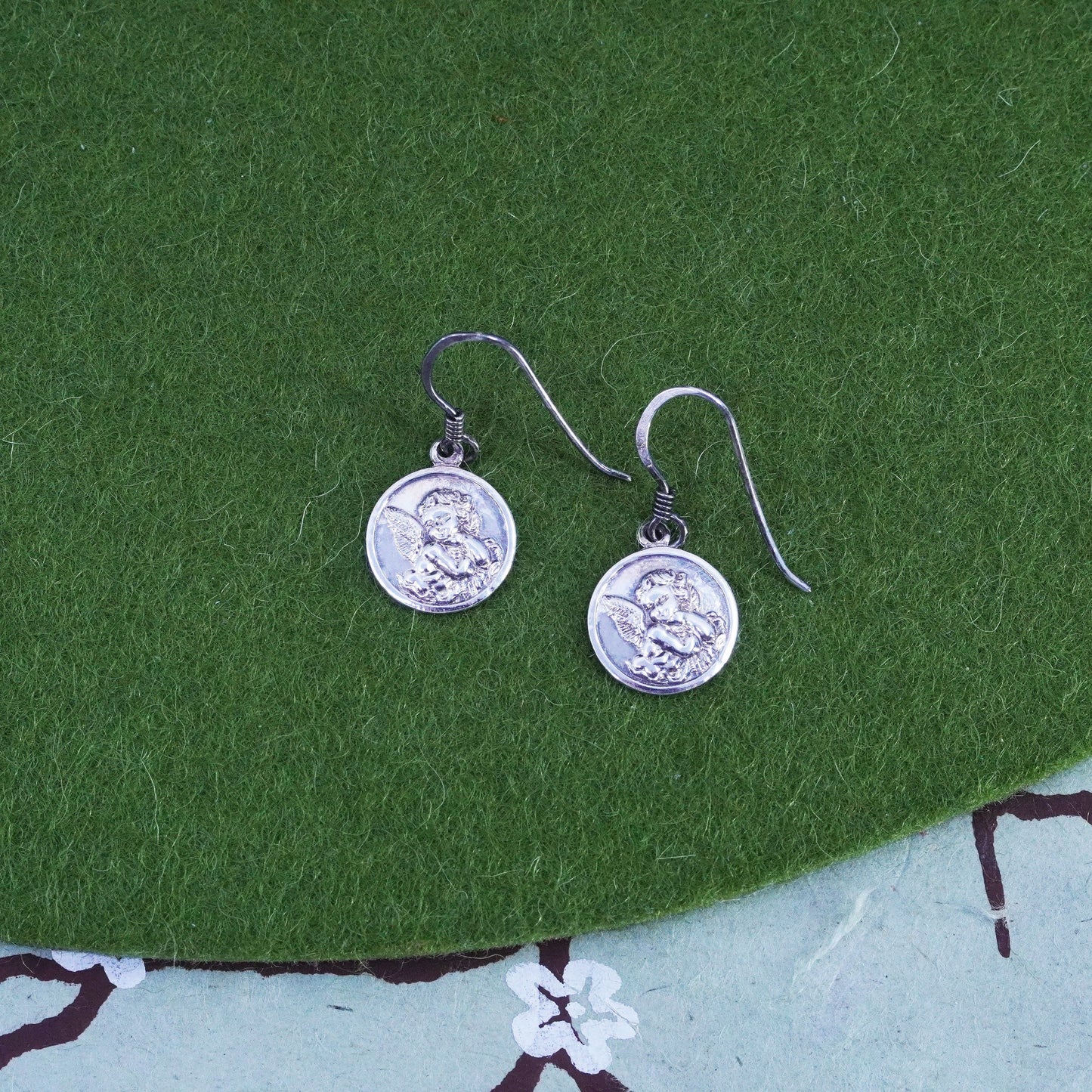 Vintage Sterling silver handmade earrings, 925 silver wired angel tag dangler