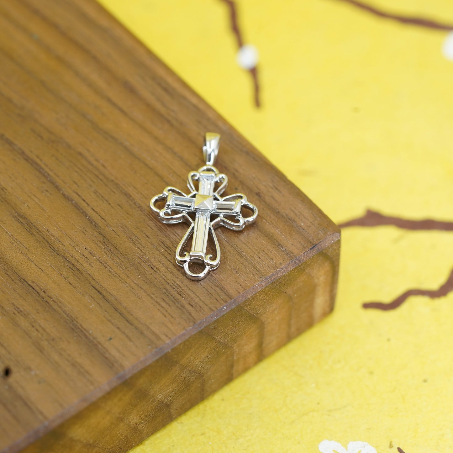 Vintage Sterling silver handmade pendant, 925 cross with Cz inlay, Christian