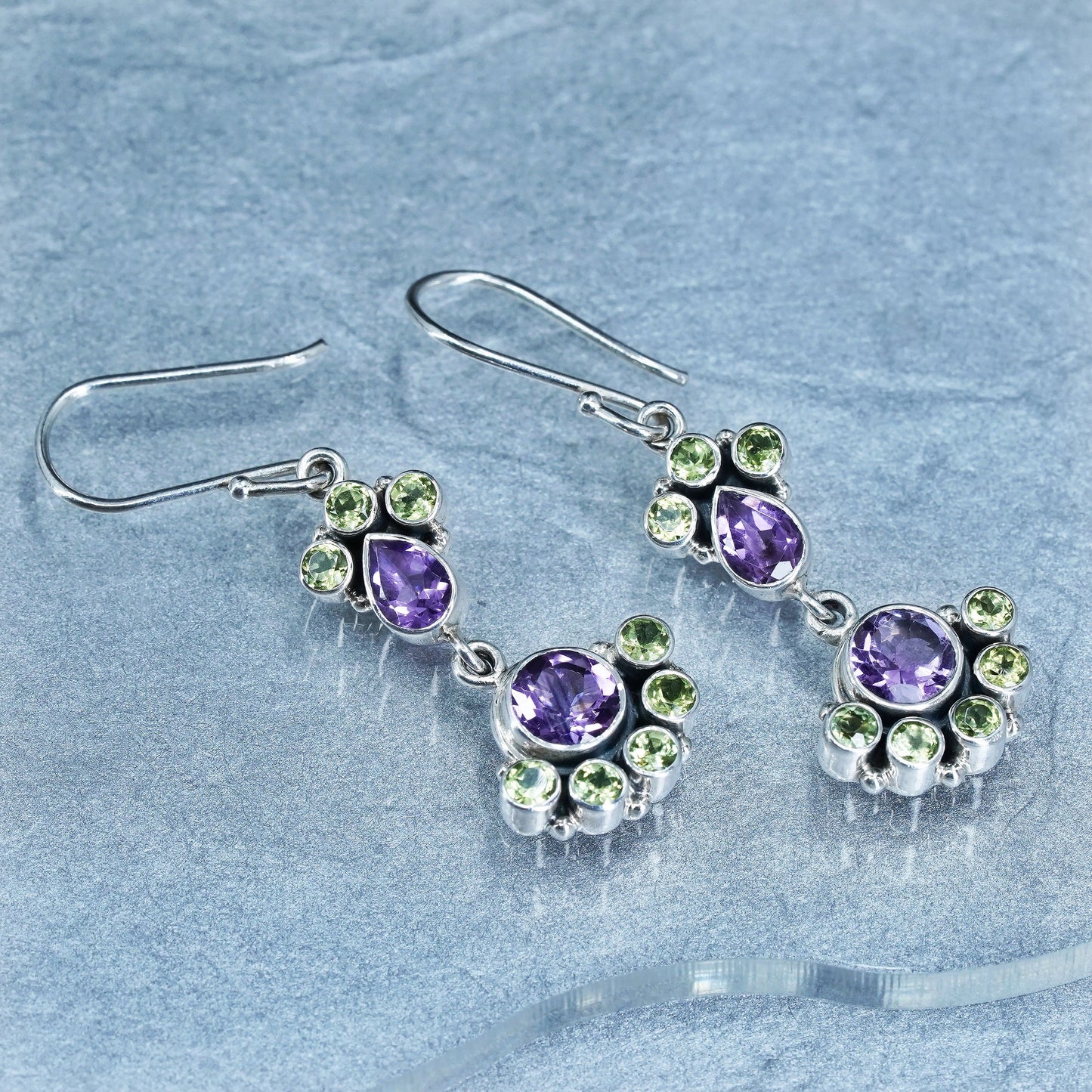 Vintage SLG Sterling 925 silver handmade earrings with amethyst and peridot