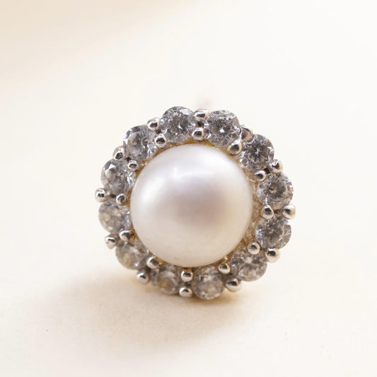 Vintage single earring. Sterling 925 silver pearl stud with cz around details