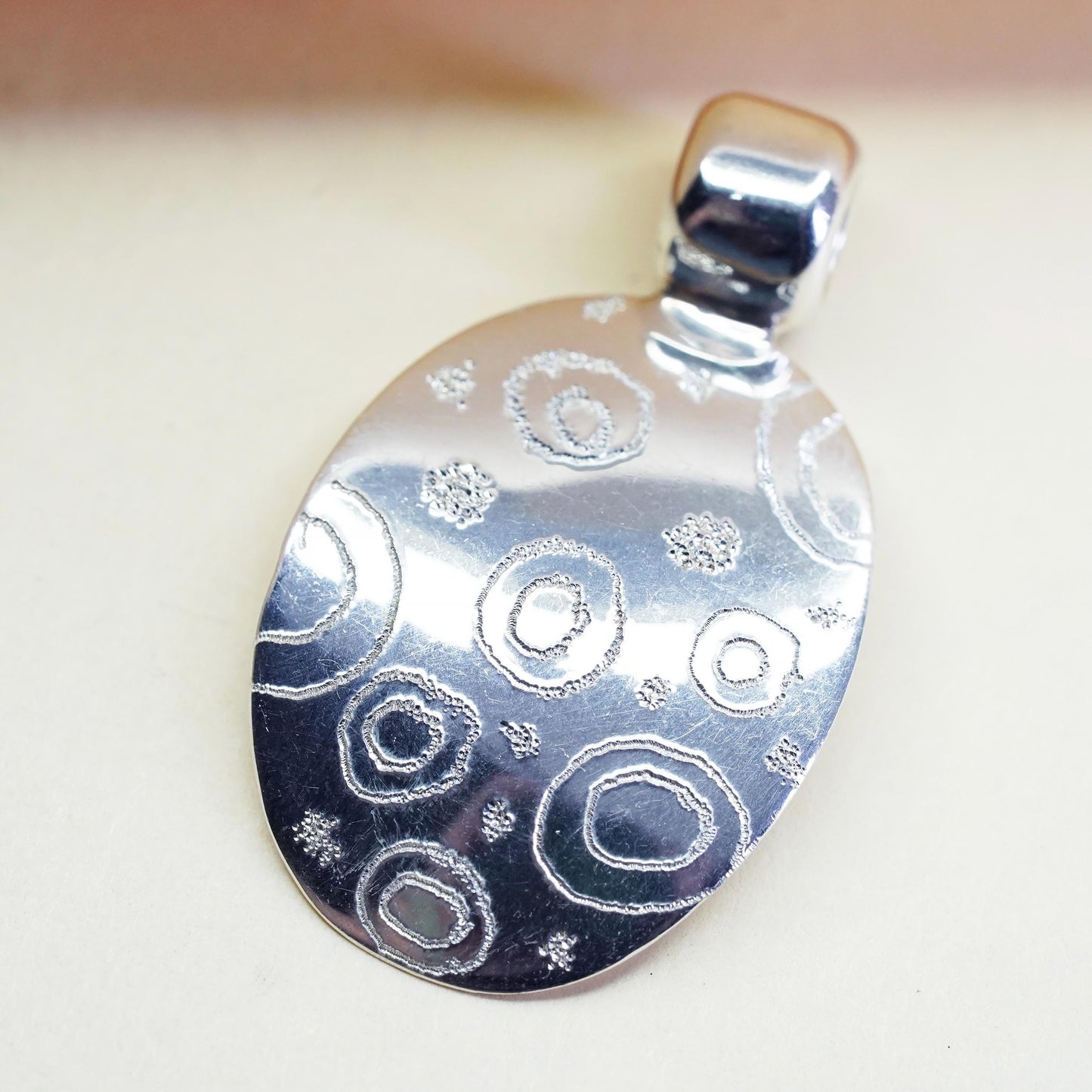 Vintage Sterling silver handmade pendant, Mexican spiral textured 925 oval tag