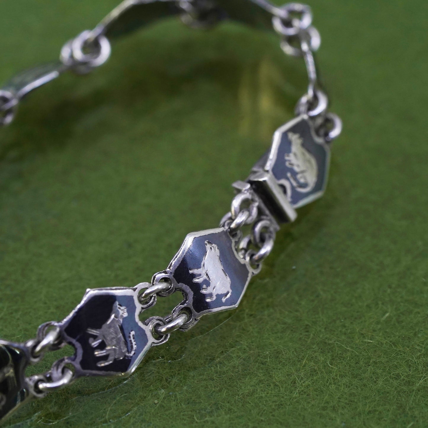 6.25”, Indian Siam sterling silver bracelet, 925 disc engraved 12 animal zodiac