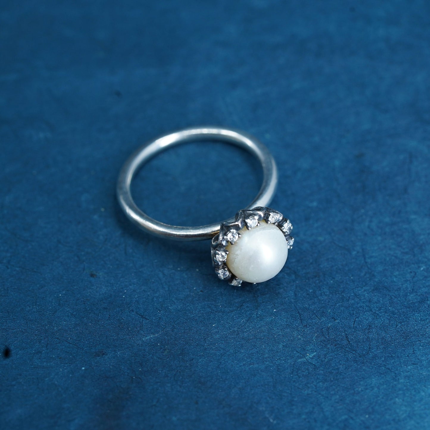Size 9, vintage ALE sterling silver ring, 925 stackable band pearl and crystal