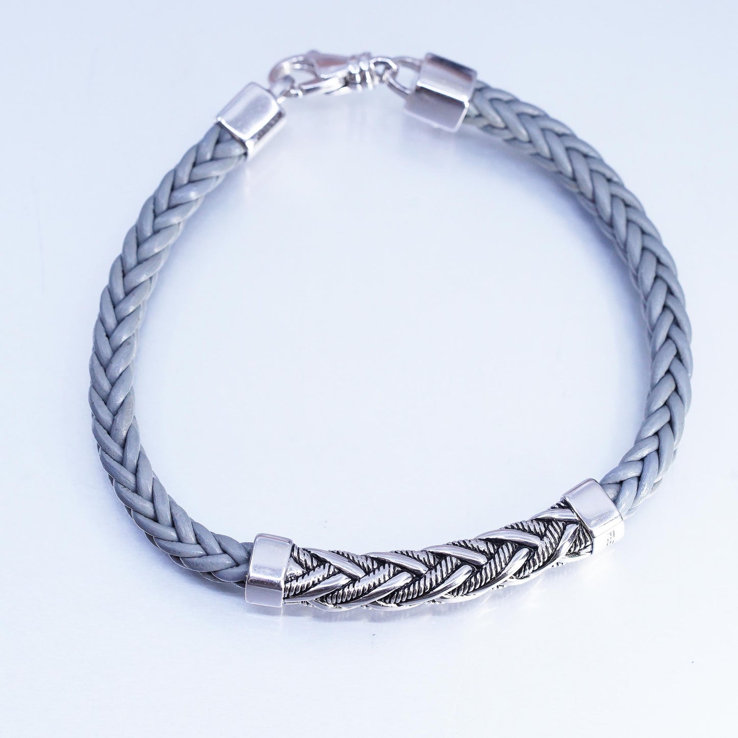 7.5", EFFY Men's Woven Gray Leather Bracelet with Sterling Silver 925 Cable bar