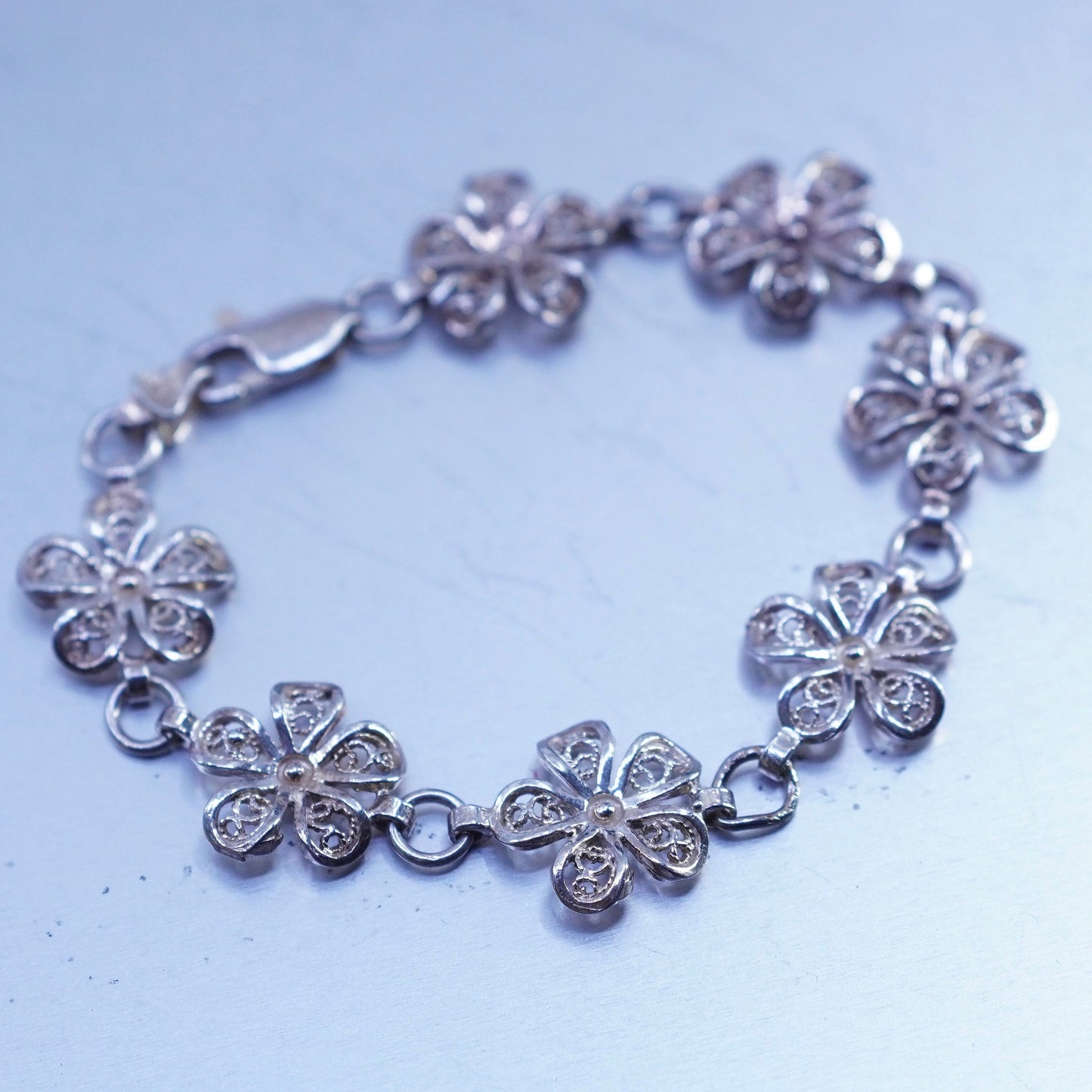 5.5”, vintage Sterling 925 silver handmade filigree flower bracelet