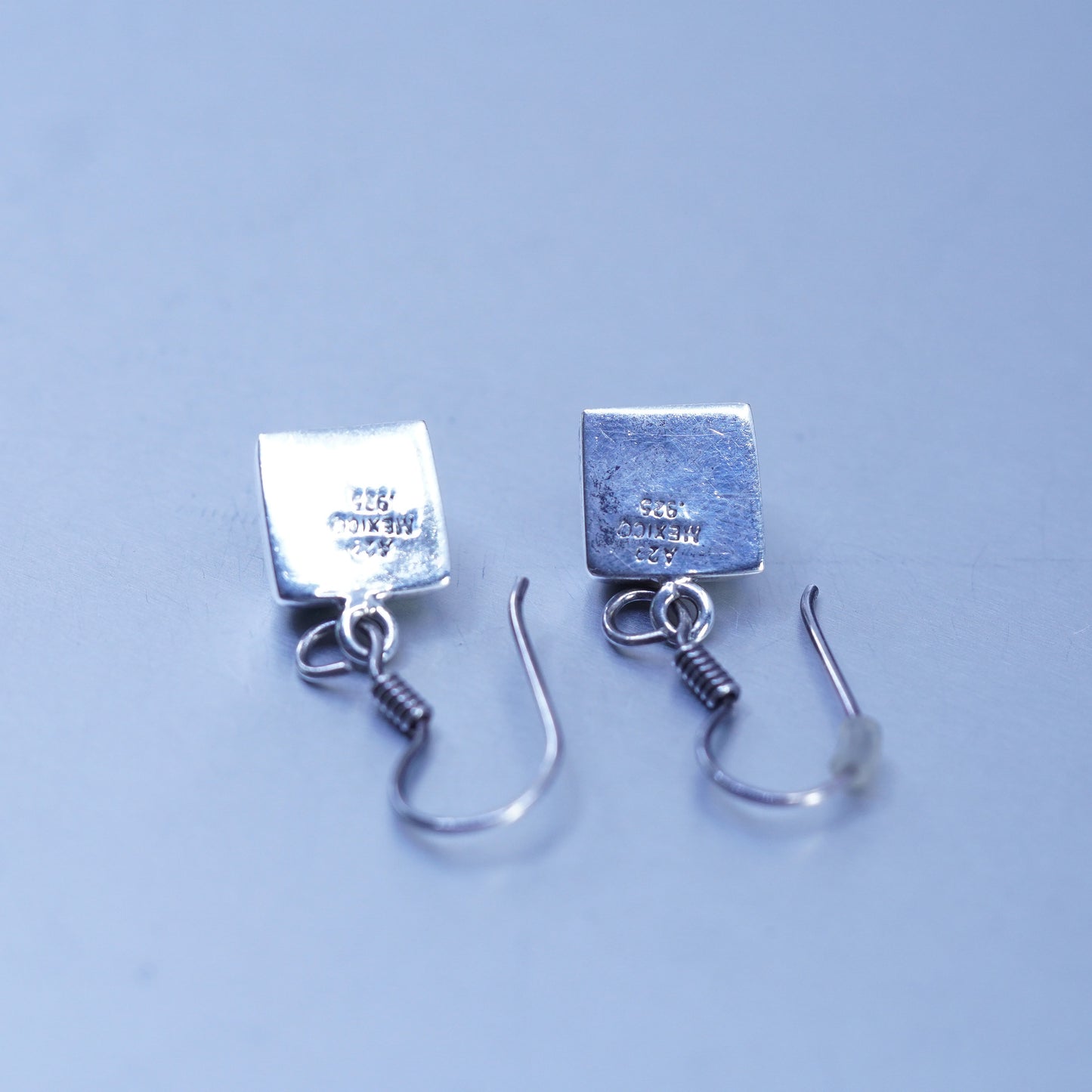 vtg Mexican Sterling 925 silver handmade earrings with square turquoise inlay