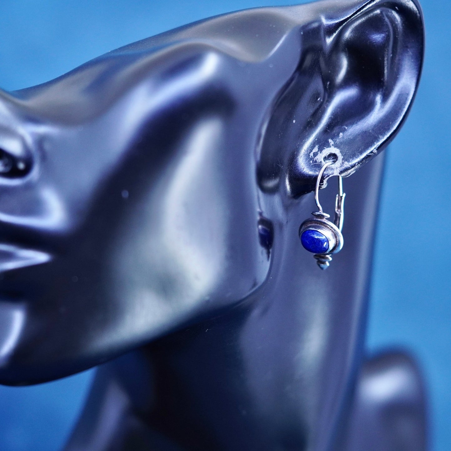 Vintage Sterling 925 silver handmade earrings with oval lapis lazuli