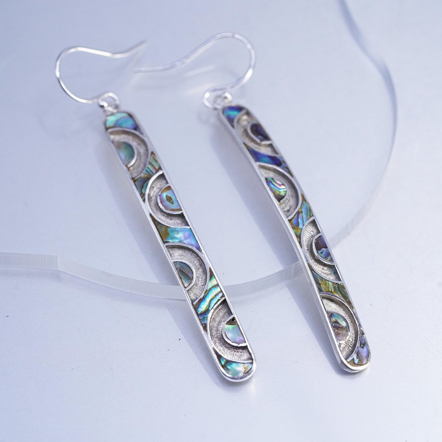 3” drop, Vintage Sterling 925 silver handmade long earrings with abalone inlay