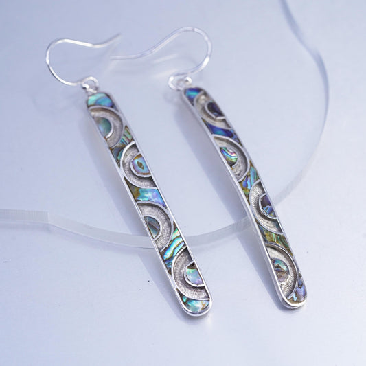 3” drop, Vintage Sterling 925 silver handmade long earrings with abalone inlay