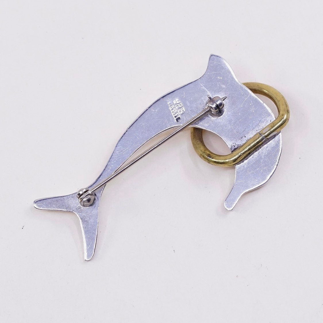 Vintage two Tone sterling silver handmade brooch, solid 925 silver dolphin w/ brass ring, stamped 925 mexico
