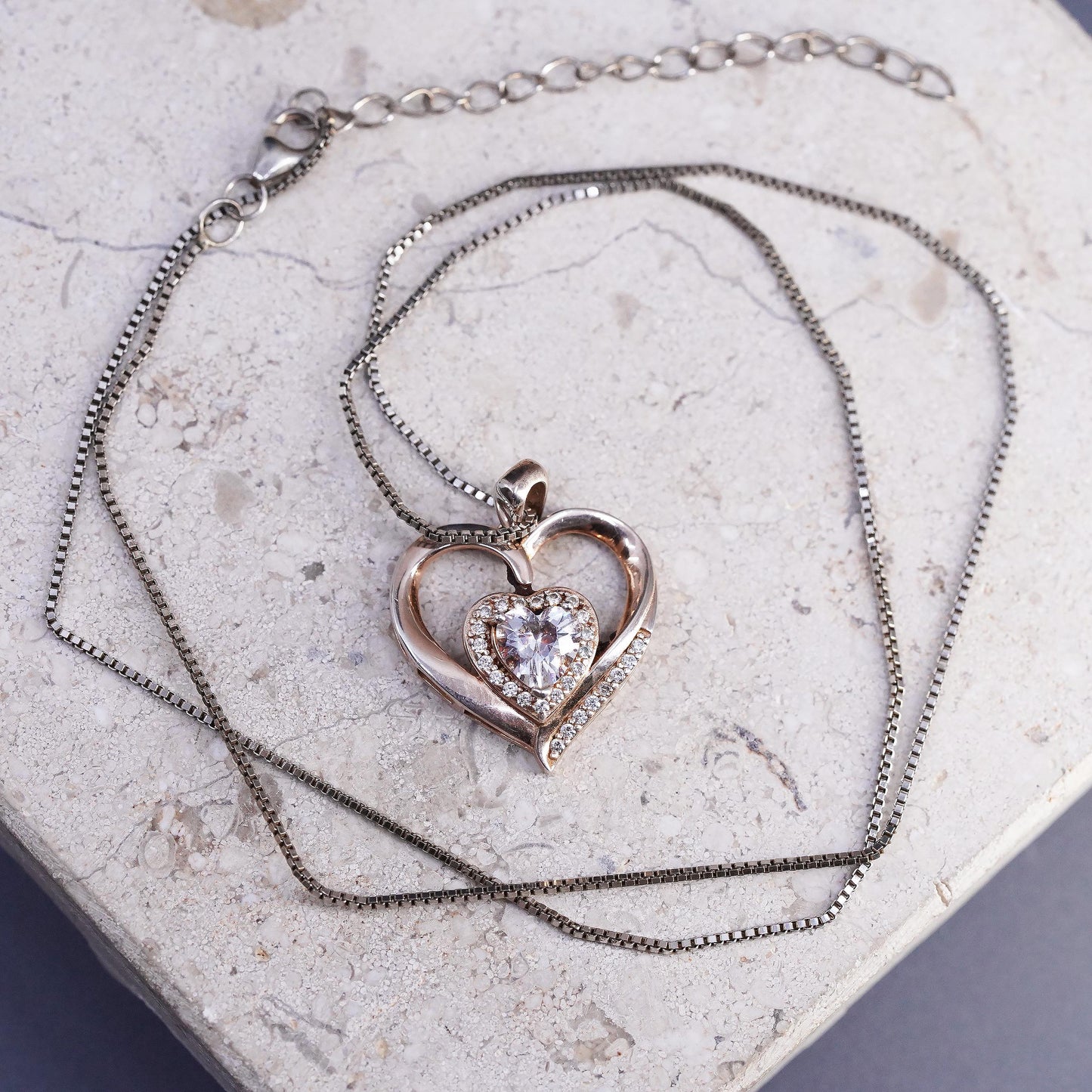 18+2", vintage Sterling silver necklace, 925 box chain cluster cz heart pendant