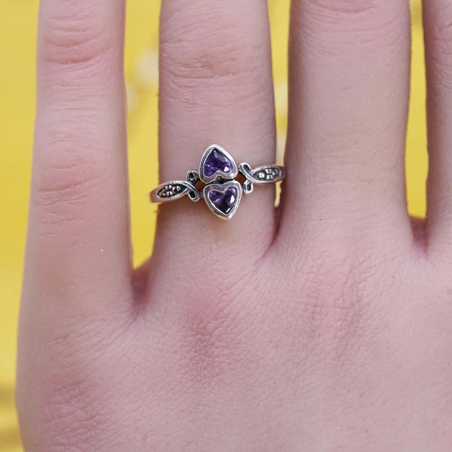 Size 7.25, vintage Sterling silver handmade ring, 925 band with heart amethyst