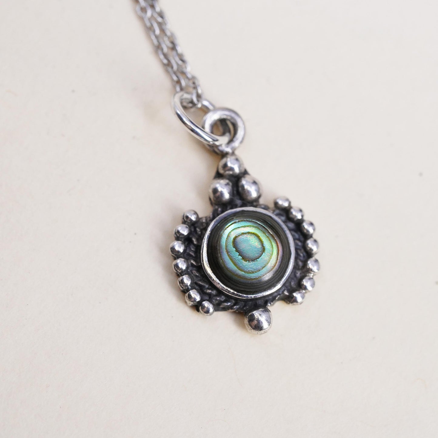 18” sterling 925 silver handmade circle chain with abalone inlay beaded pendant