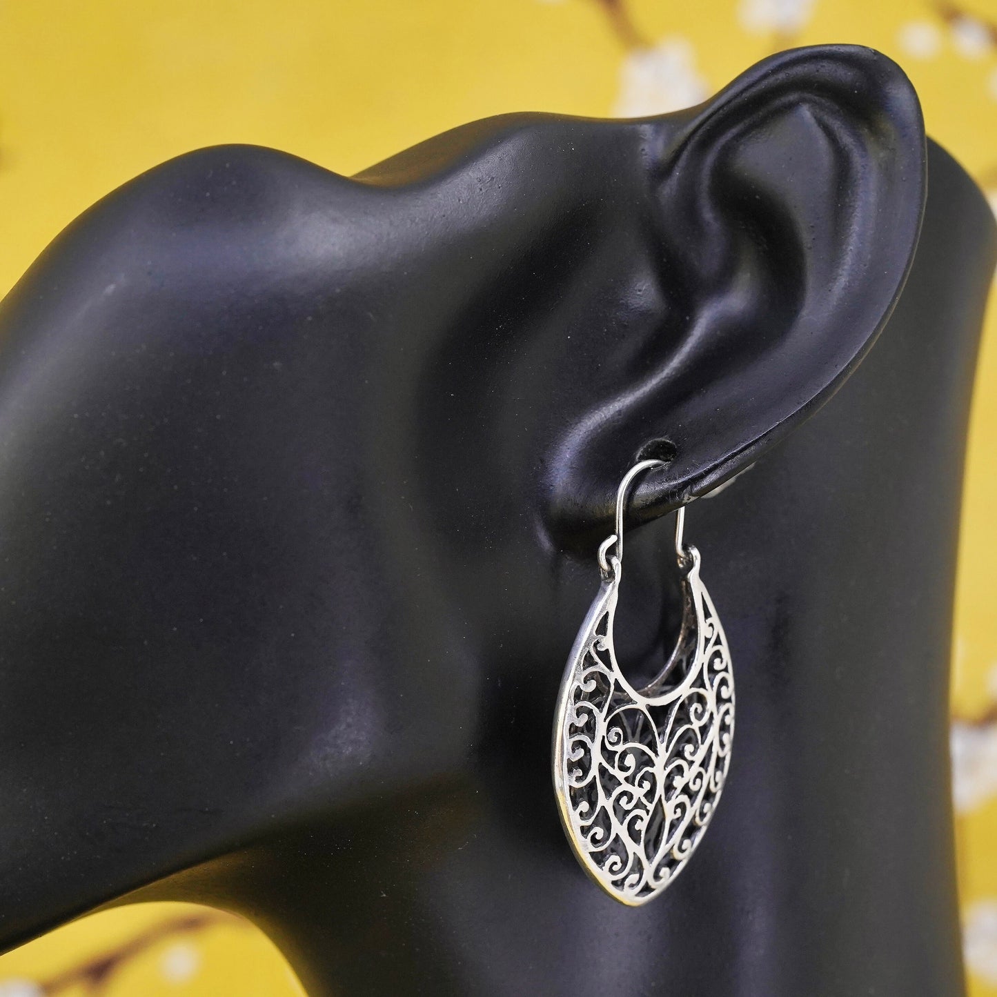 1.75", VTG Sterling silver filigree earrings, 925 handmade oval huggie hoops