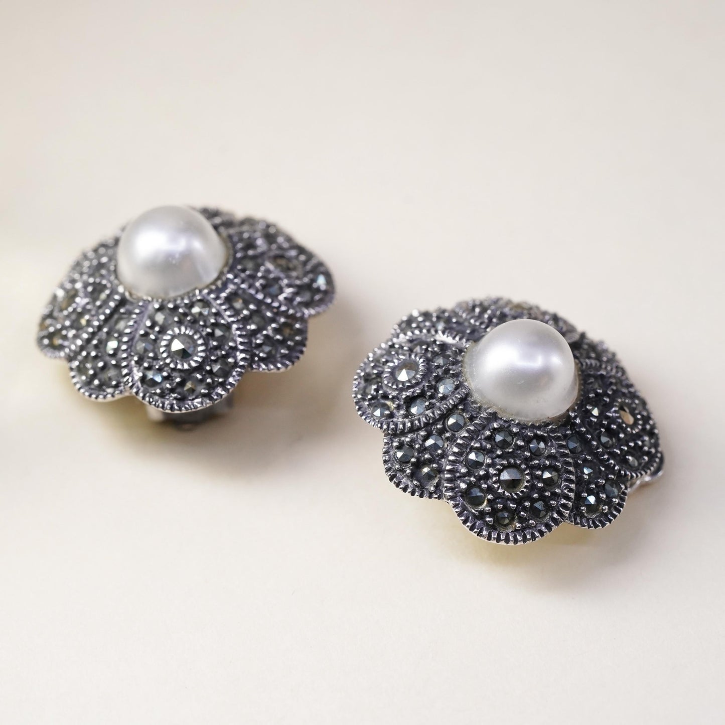 Sterling 925 silver filigree clip on earrings with pearl and cluster marcasite
