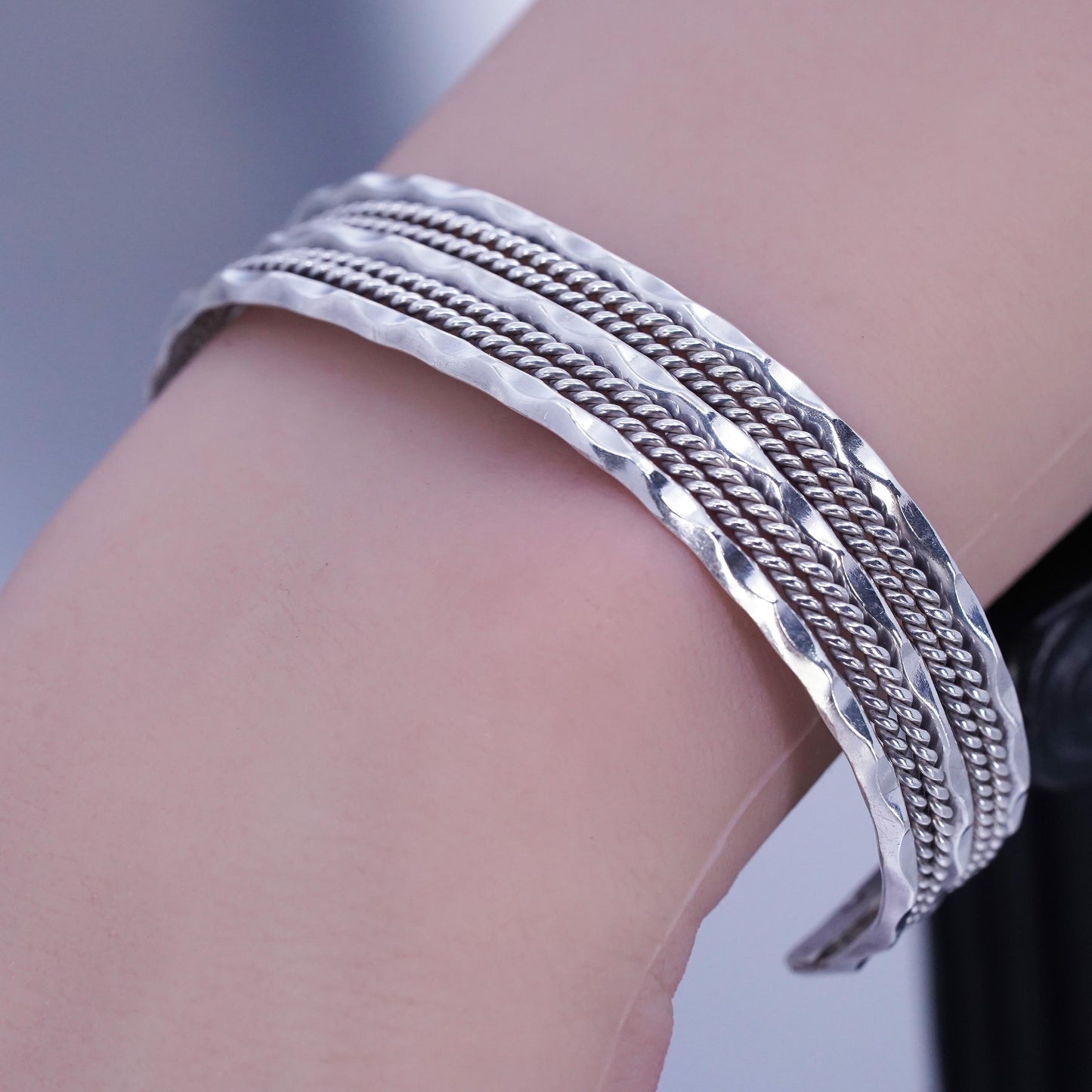 6.75”, Native American Sterling 925 silver bracelet, twisted braided cable cuff