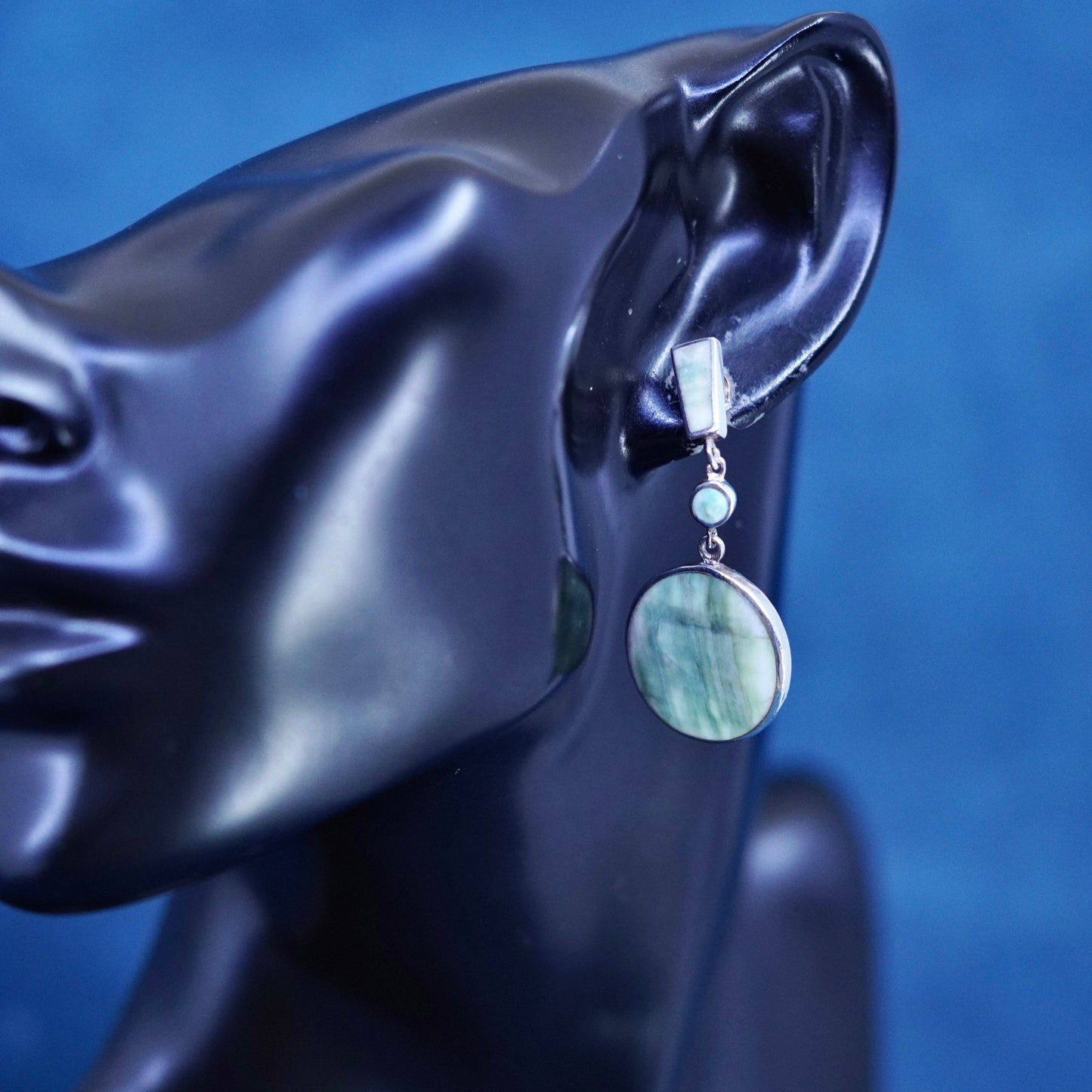 Vintage Sterling 925 silver handmade earrings with round jadeite