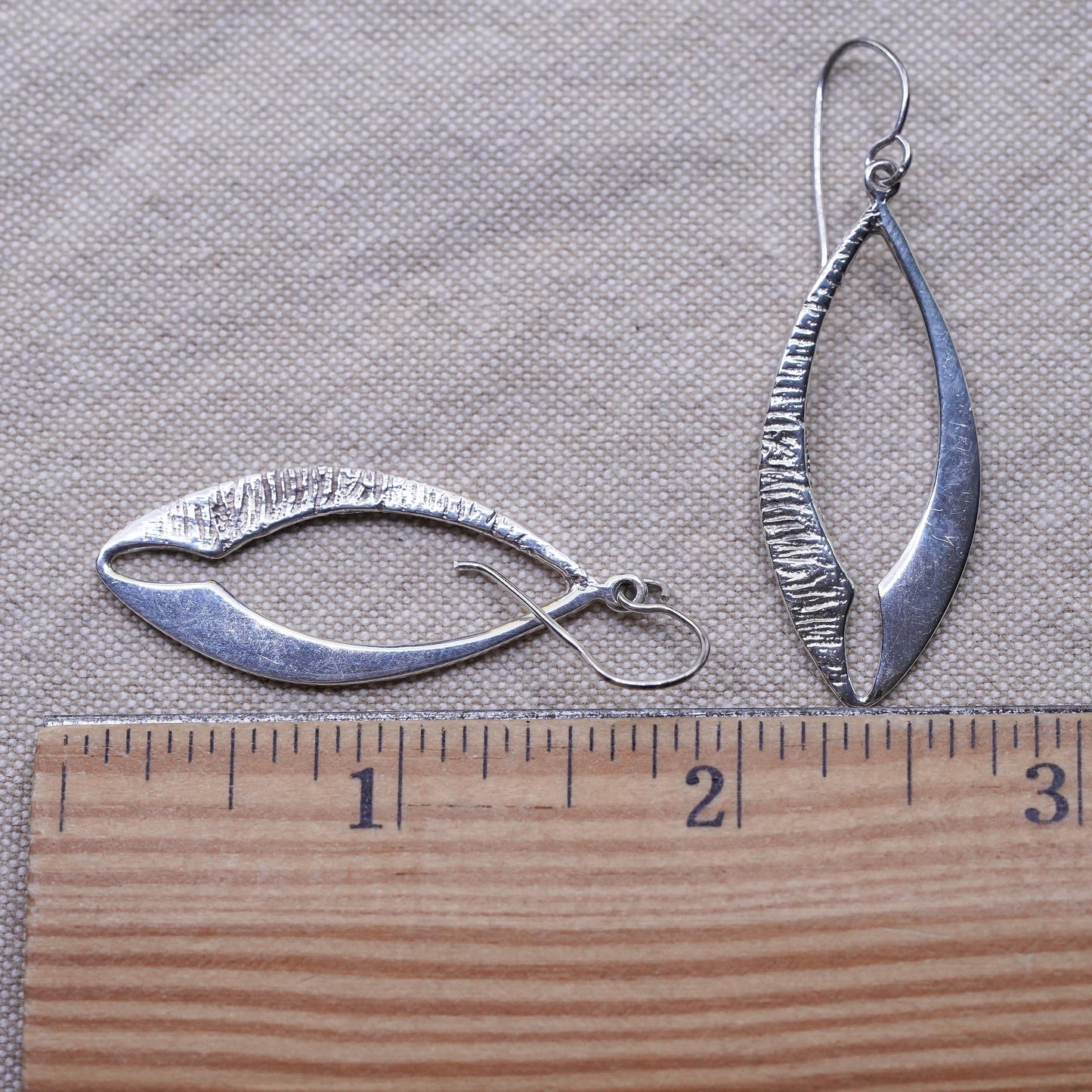 Vintage Sterling silver handmade earrings, 925 leaves shaped, textured dangles