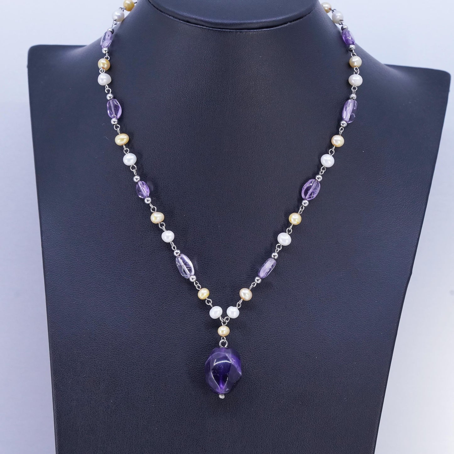 16", Sterling 925 silver necklace with pearl beads and nugget amethyst pendant
