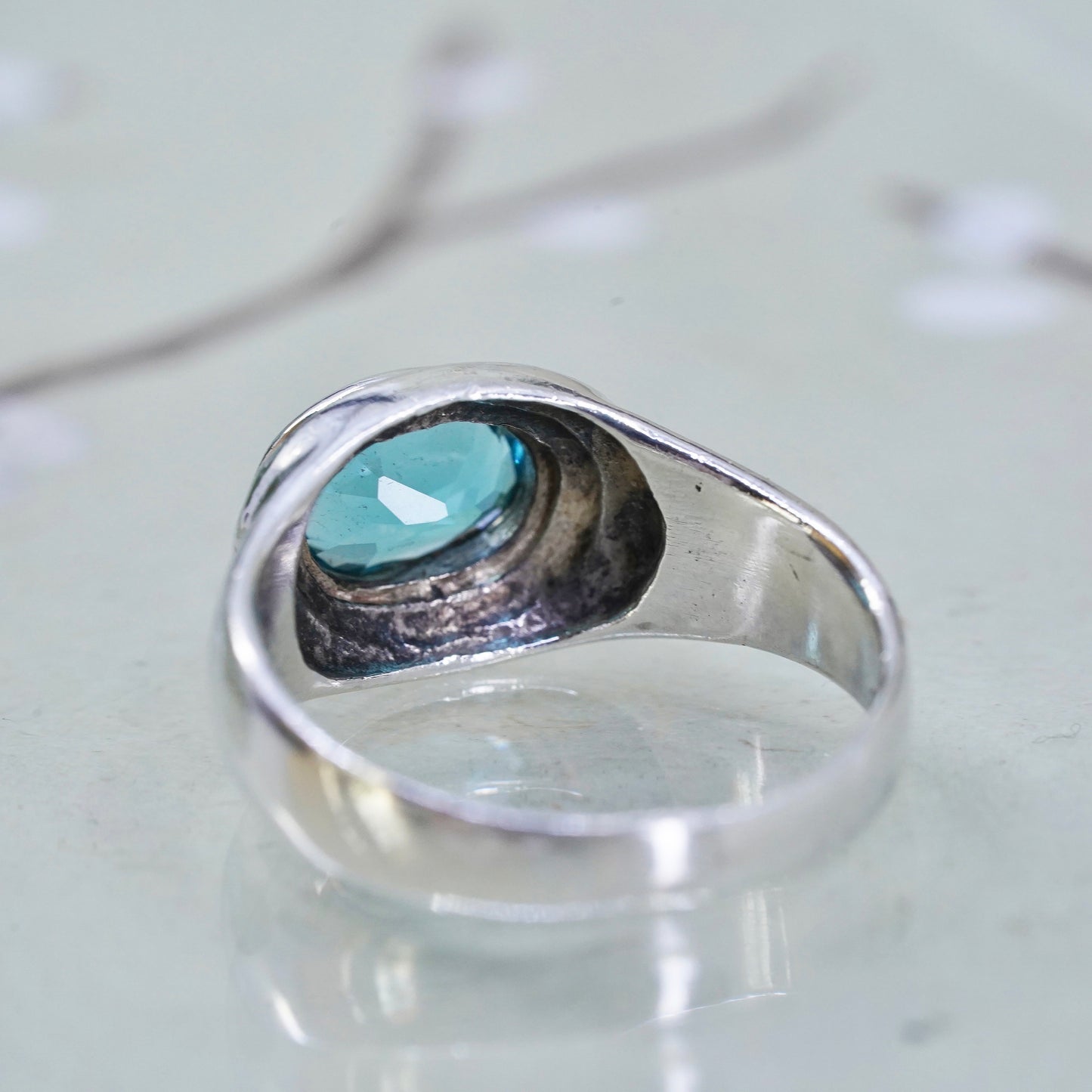 Size 7, vintage Sterling silver statement ring, 925 band with oval blue topaz