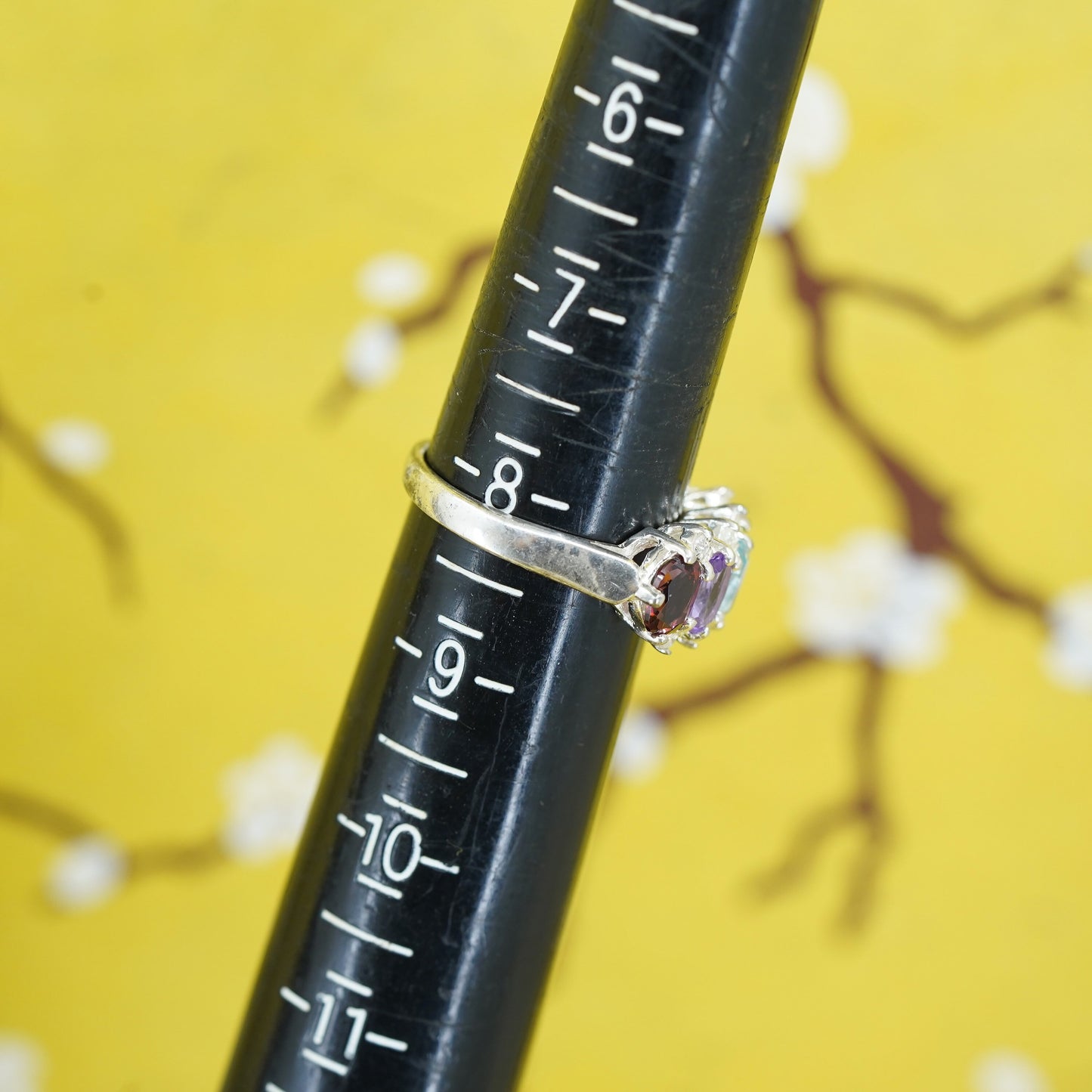Size 8, Sterling 925 silver ring with ruby, topaz, peridot, amethyst citrine