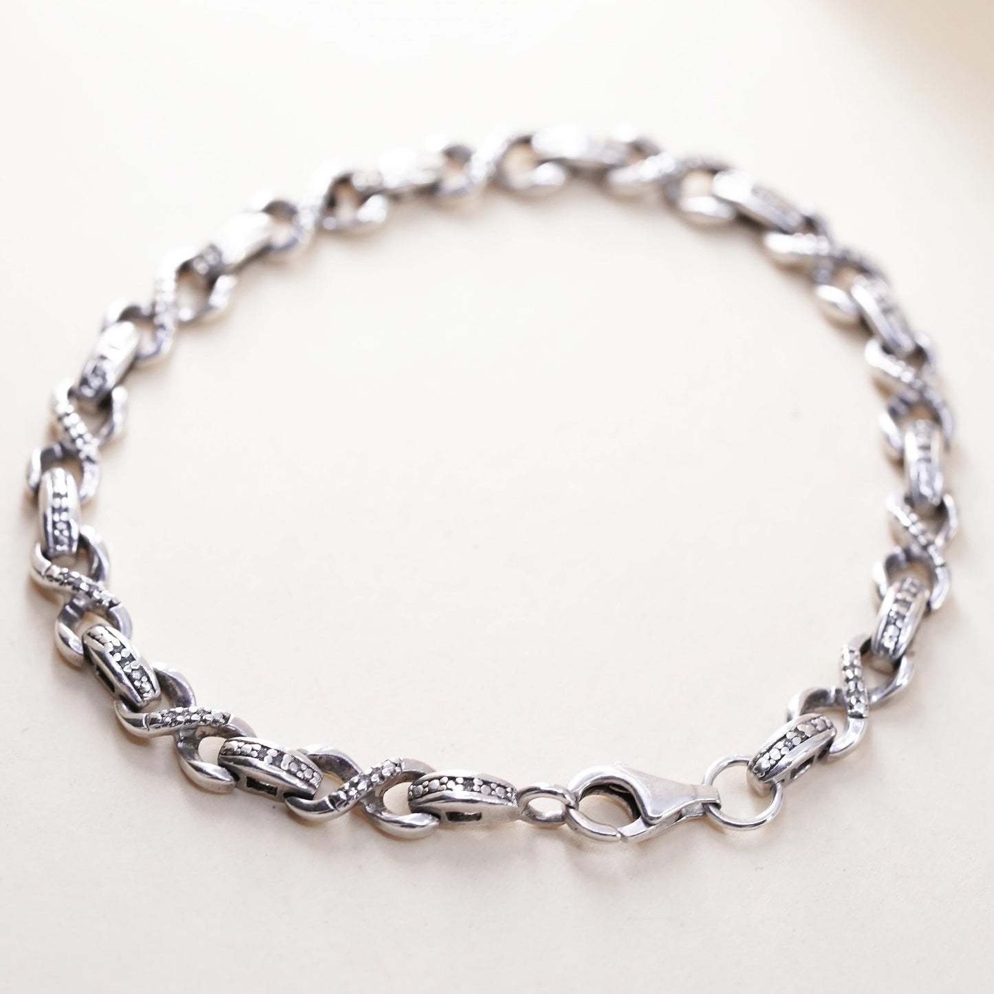 7.5", sterling silver tennis bracelet, 925 infinity loop shaped chain diamond