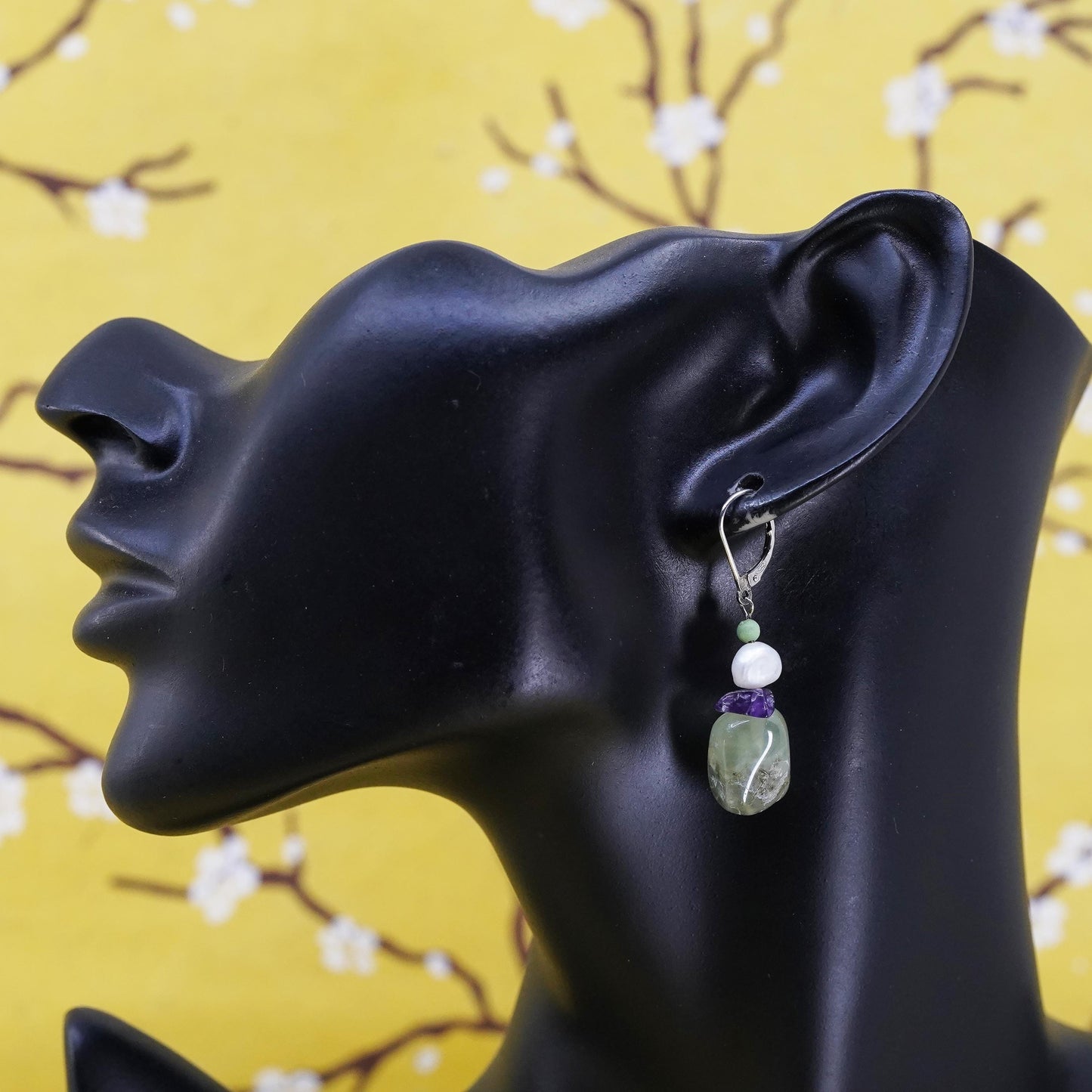 Sterling silver 925 handmade earrings with pearl prehnite amethyst nuggets