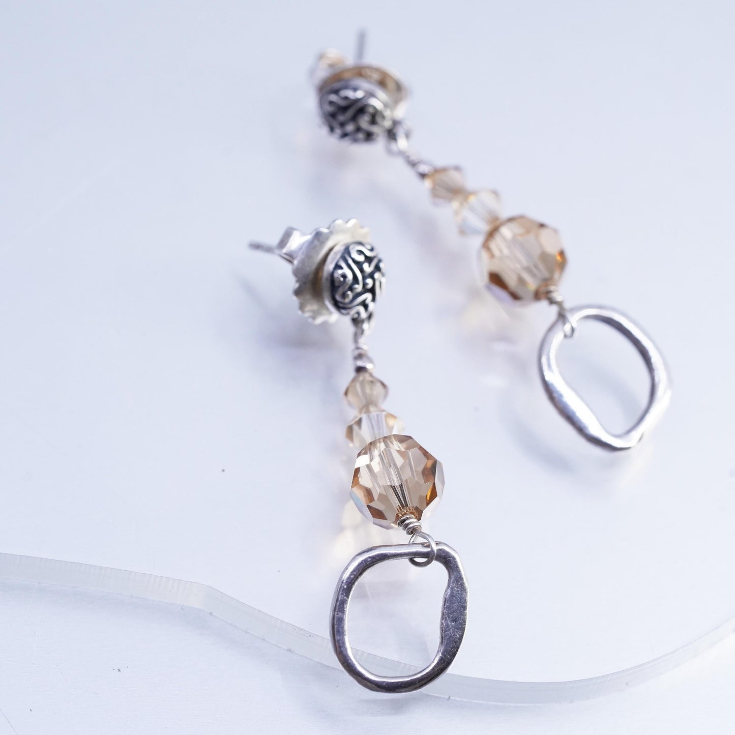 Vintage Sterling 925 silver handmade textured oxidized earrings orange crystal