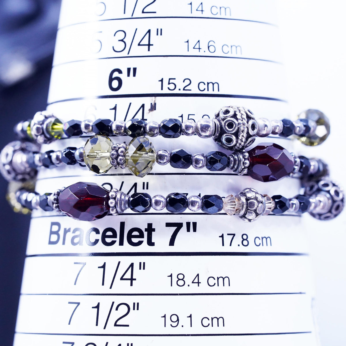 6.5”, VTG Sterling 925 silver multi strands bracelet citrine garnet onyx beads