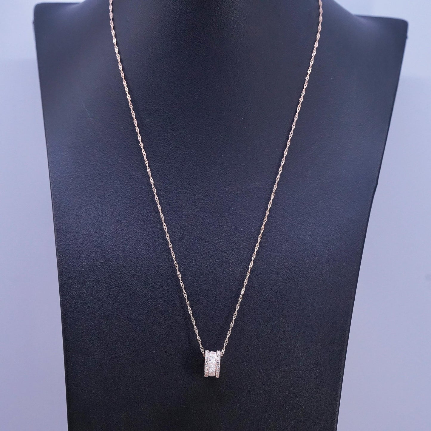 17+2", Rose gold Sterling silver necklace, 925 twisted chain cz wheel pendant
