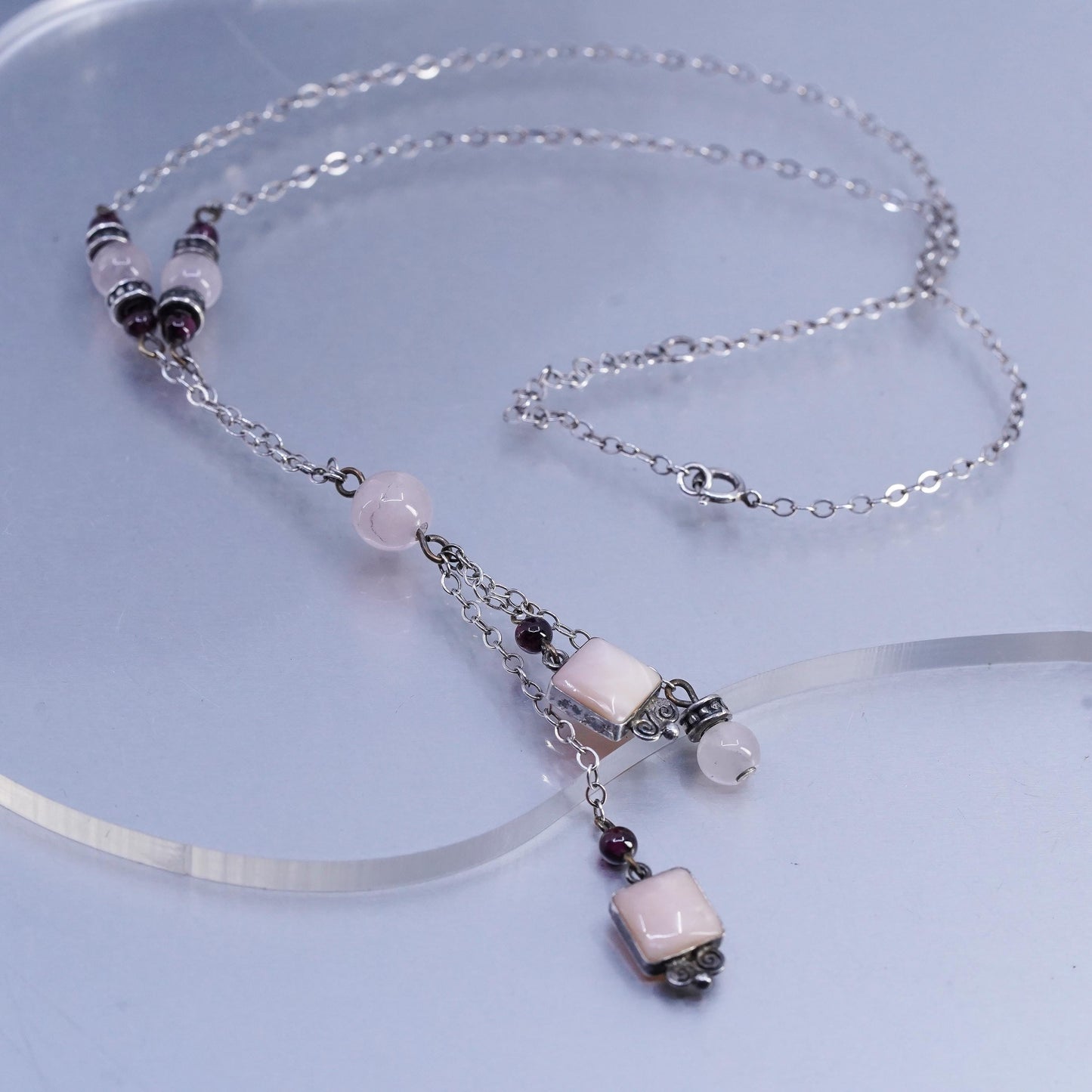 16+2", vintage Sterling 925 silver circle necklace pink quartz beads pendant