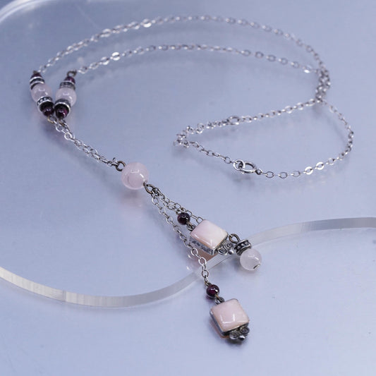 16+2", vintage Sterling 925 silver circle necklace pink quartz beads pendant