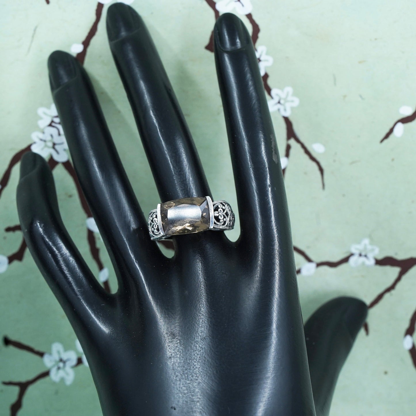 Size 8, sterling silver handmade filigree ring, 925 statement ring smoky topaz