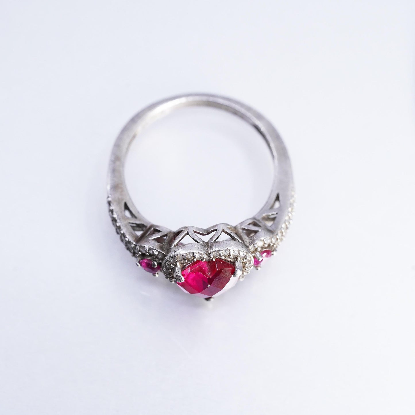 Size 7, PM 925 Sterling Silver Ruby Diamond Heart Ring, July Promise Heart Halo