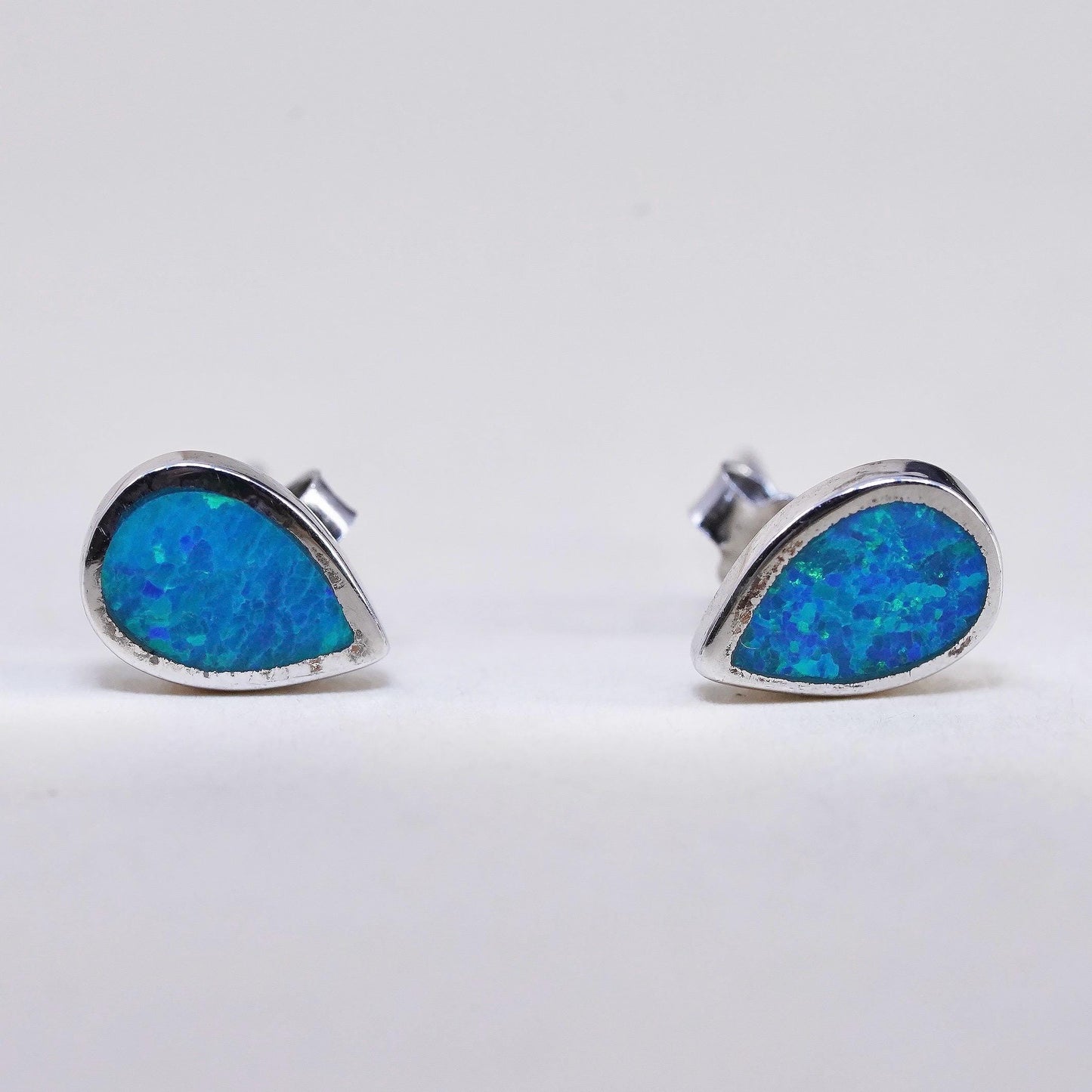 Vintage sterling silver handmade earrings, 925 teardrop studs with fire opal