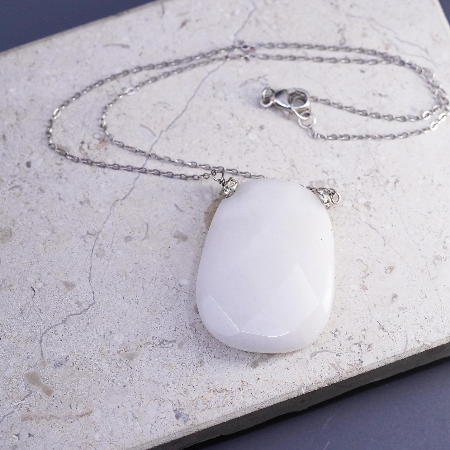 16", VTG Faceted Natural White Jadeite Jade Necklace Sterling Silver 925 Chain