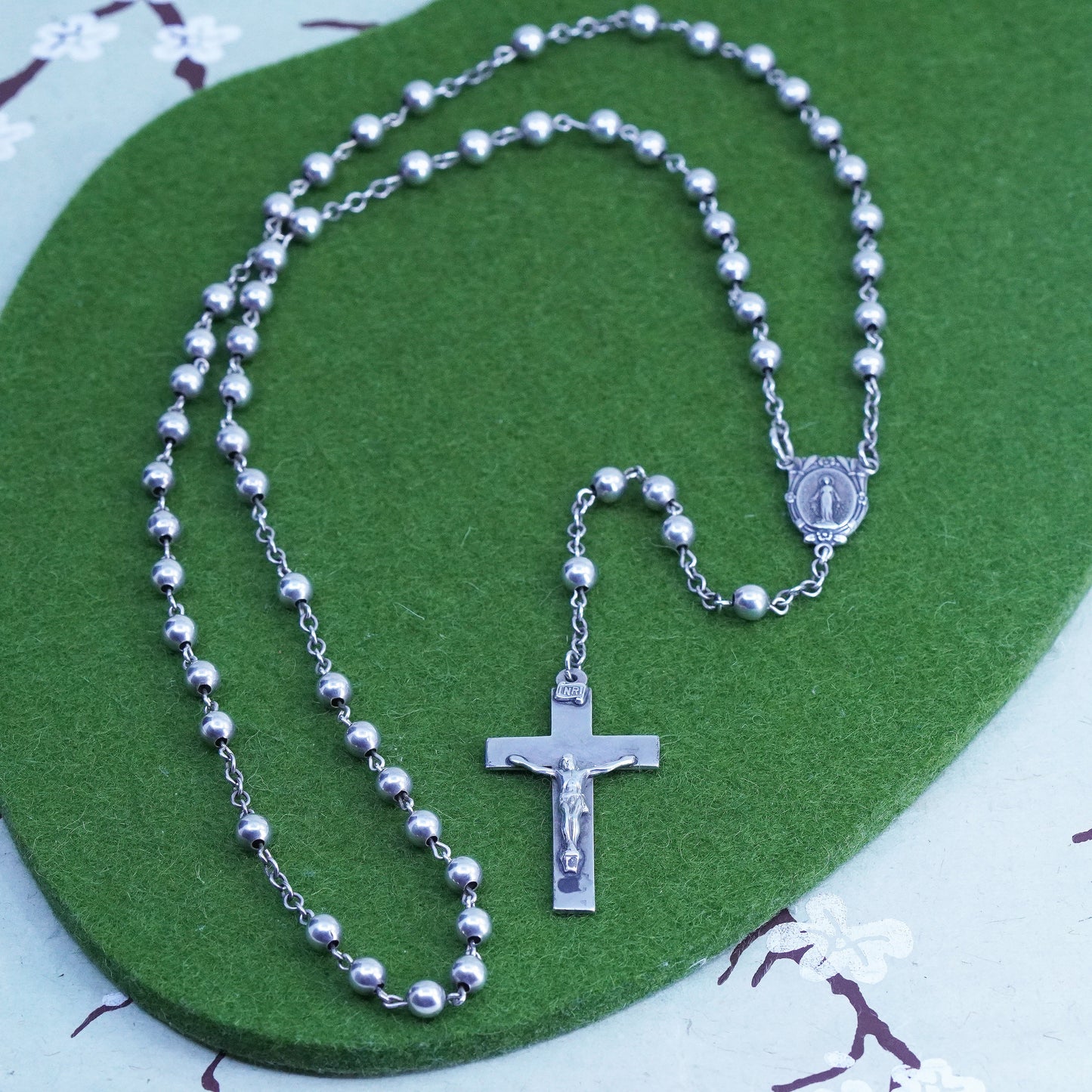 24”, sterling silver rosary necklace circle chain with Jesus cross pendant bead