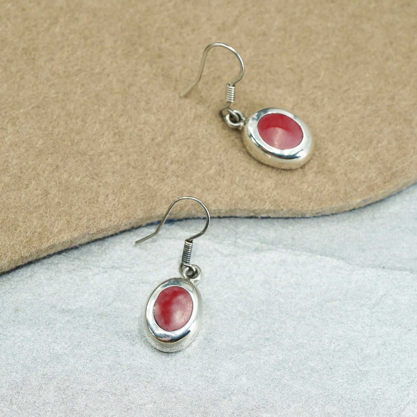 Vintage Mexican Sterling 925 silver handmade earrings with oval red onyx