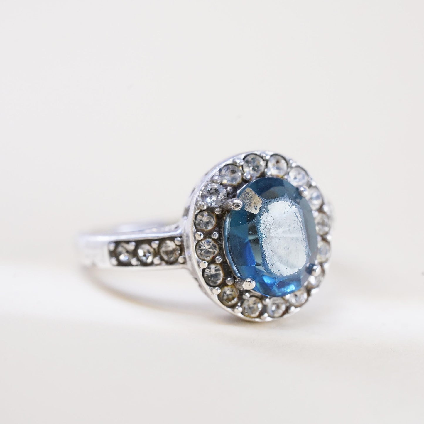 Size 8, vintage sterling 925 silver filigree statement ring with oval topaz cz