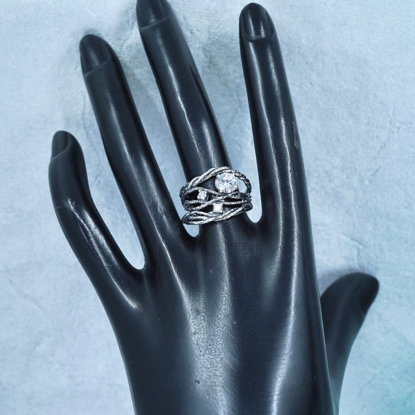 Size 7.5, Shablool Didae sterling silver ring, handmade woven 925 band with cz