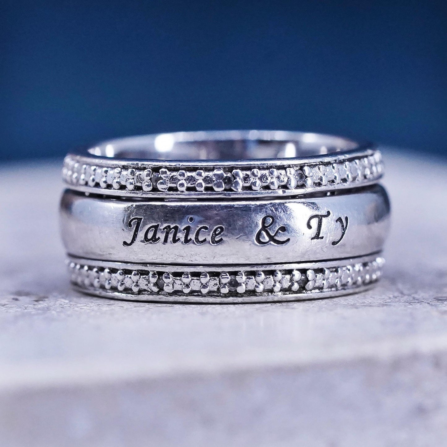 Size 6.25, VTG BGE Sterling 925 silver ring with crystal around, “Janice and TY