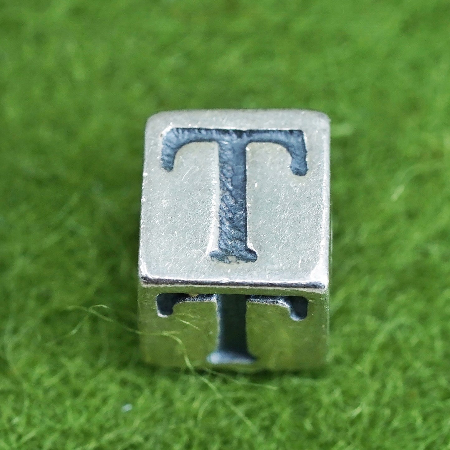 Vintage sterling silver handmade pendant, 925 cube charm engraved letter “T”