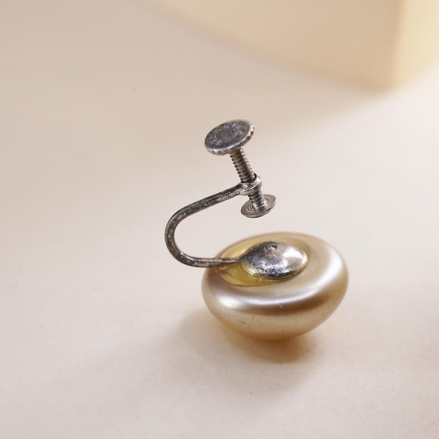 Vintage sterling silver handmade single earring, 925 screw back with faux pearl