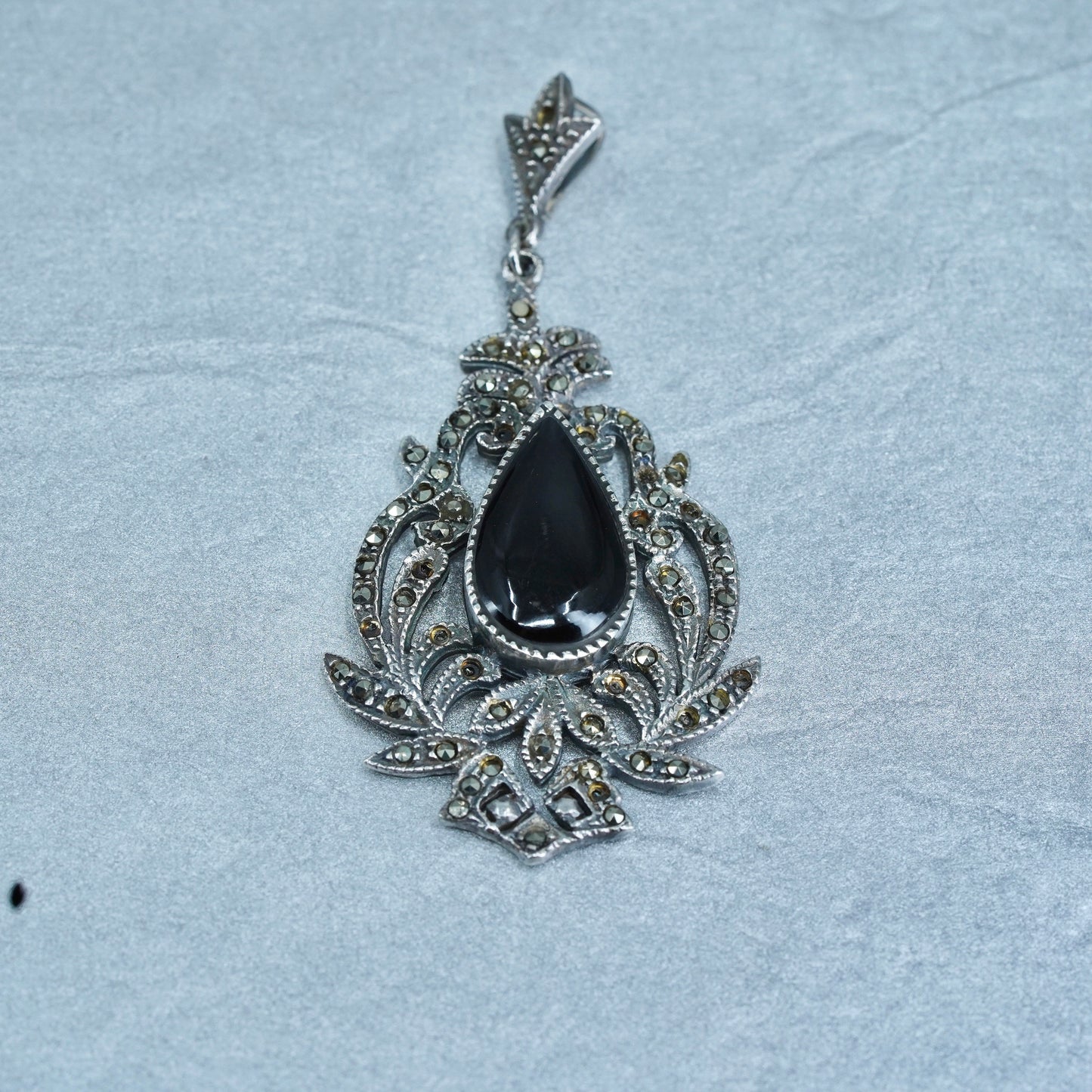 Antique Sterling silver handmade charm, 925 pendant with Marcasite and onyx