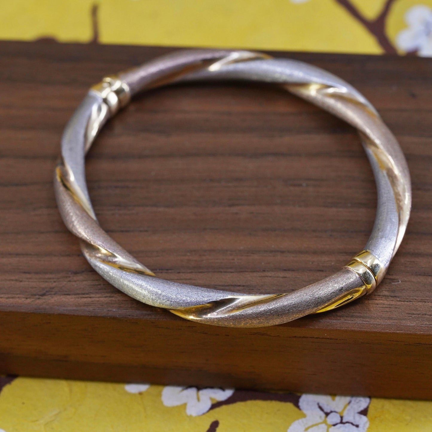 7”, triple tone rose yellow gold Sterling silver bracelet, Italy 925 bangle