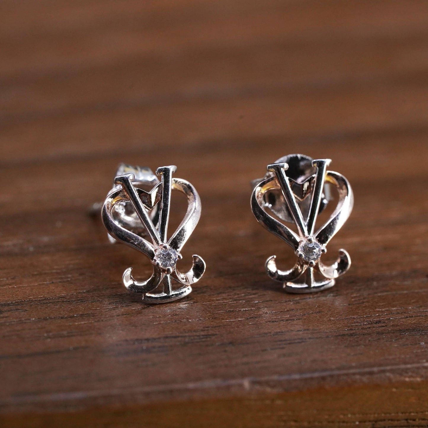 Vintage Two-Tone Sterling Silver Heart V Stud Earrings with CZ