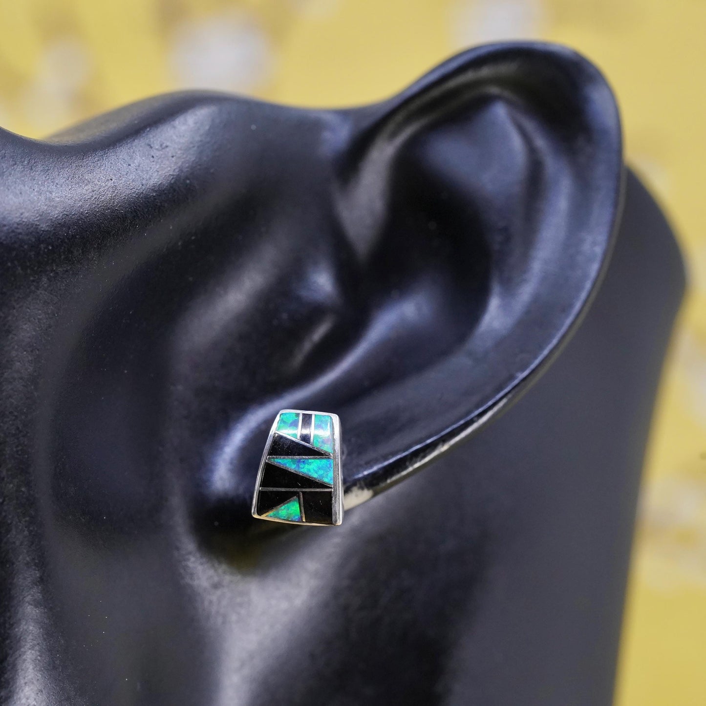 Native American Sterling 925 silver handmade zuni studs earrings onyx opal