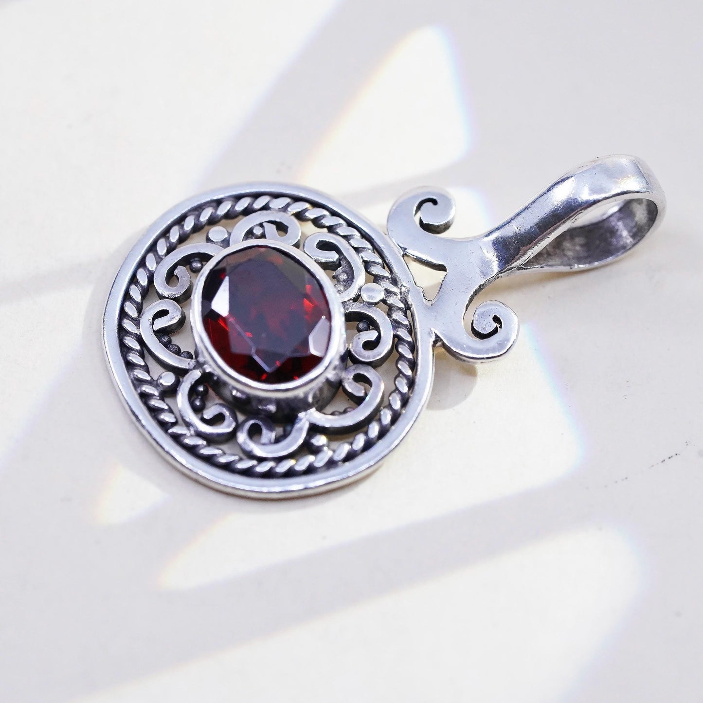 VTG 925 Sterling Silver Garnet Filigree Pendant, Red Garnet Scrollwork Charm