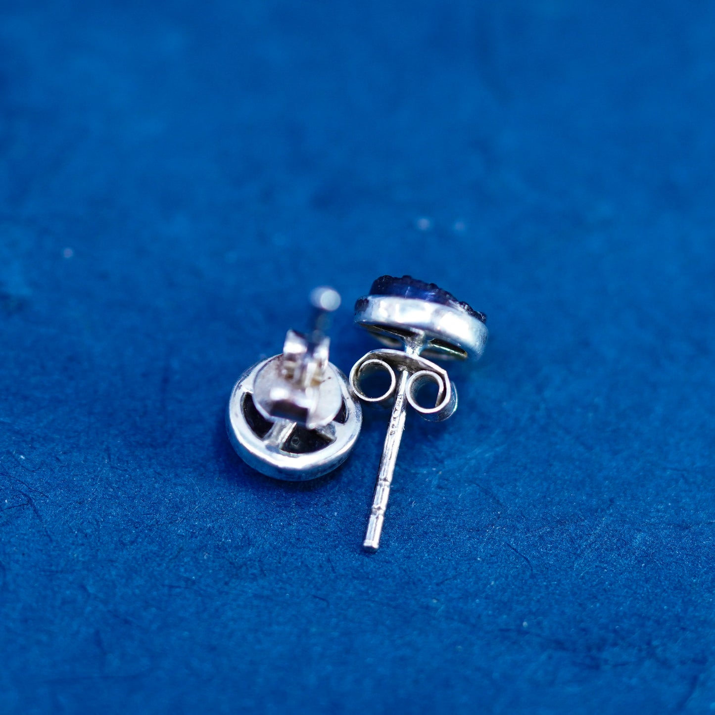 Vintage sterling silver handmade earrings, 925 round studs with purple druzy