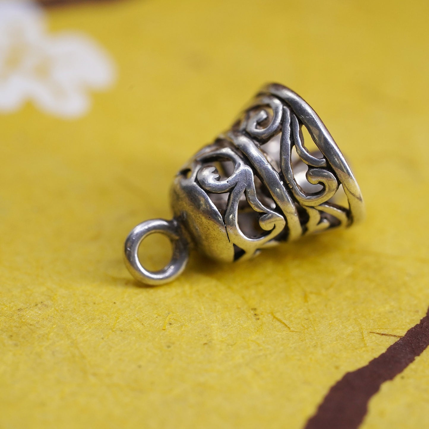 Sterling silver filigree charm, solid Mexico 925 silver bell pendant, chime